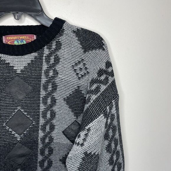 CHARTWELL Mens VTG Gray-Black Geometric Pullover Sweater XL Leather Patches - Picture 2 of 7
